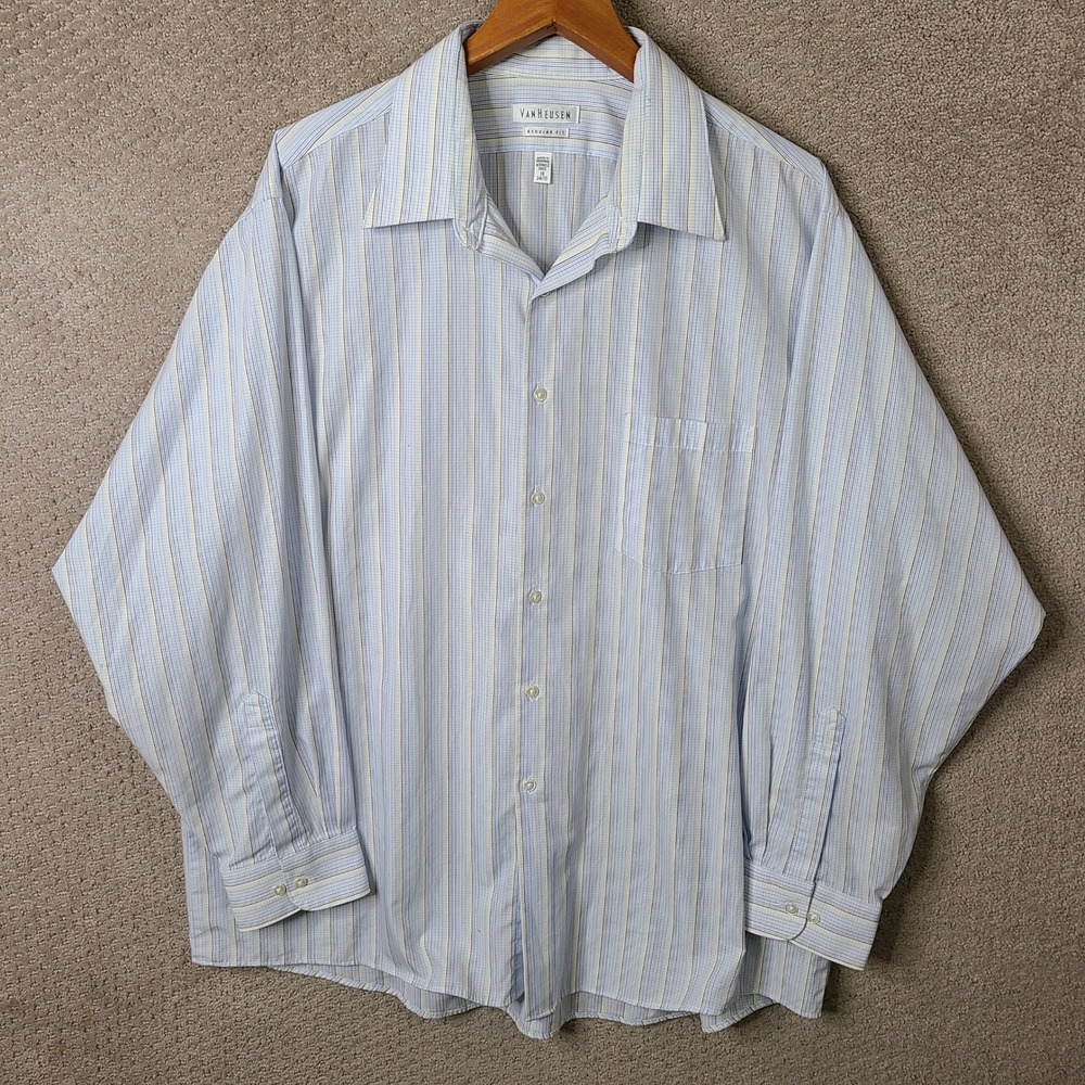 Van Heusen Shirt Mens 18 34/35 Blue Striped Regular Fit Button Down Wrinkle Free